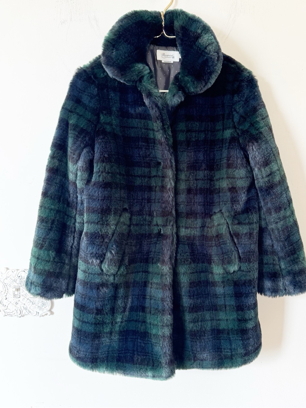 Bonpoint Black Watch Plaid Faux Fur Coat Girls 12
